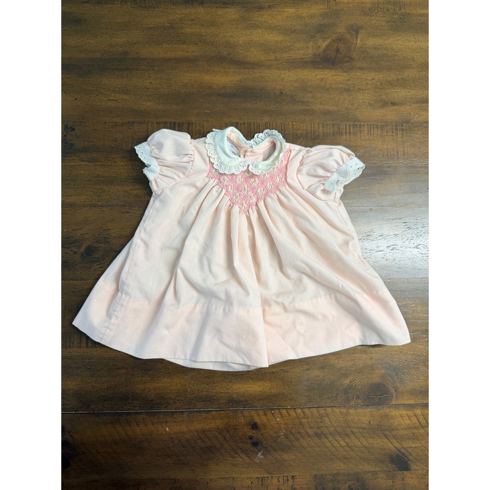 Polly Flinders Vintage Hand Smocked Pink Dress Lace Collar Infant 6-12 Months